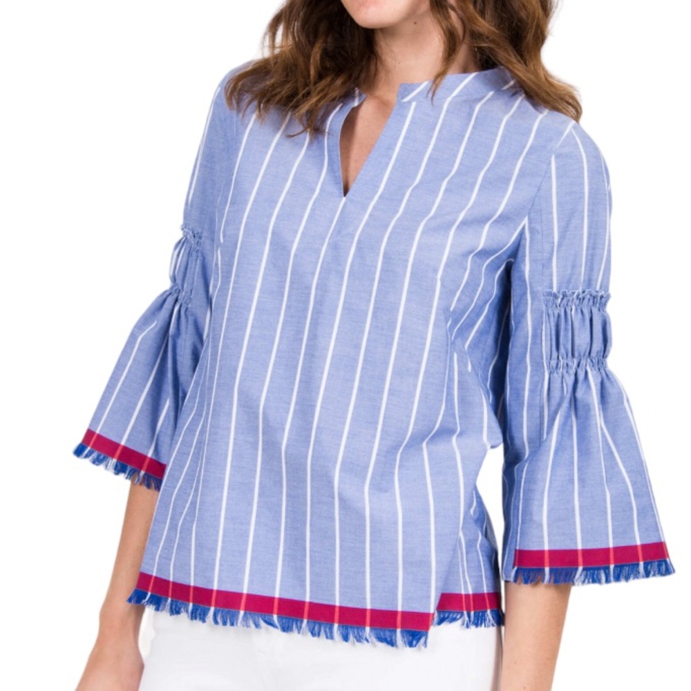 Le Sarte Pettegole Blouse with Trumpet Arm in Blue /White with‎ Fringe Trim